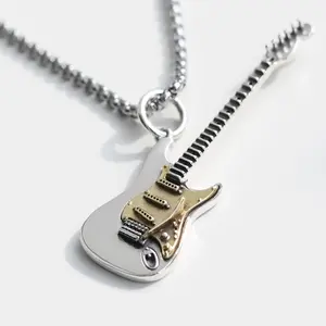 Vintage Electric Guitar Pendant Necklace for Men, Punk Rock Music Jewelry, Copper Pendant with Stainless Steel Chain, Gift for Guitar Lovers