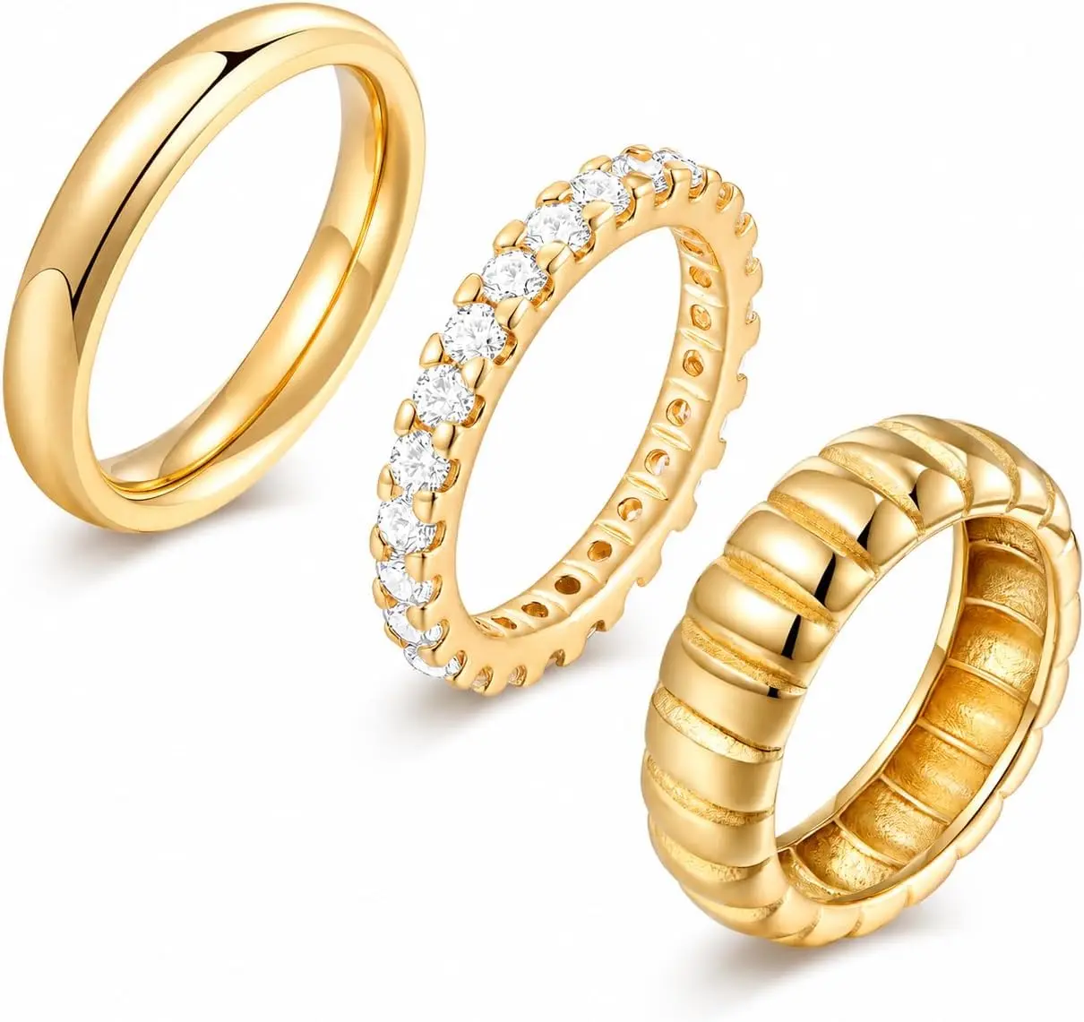 XP 3Pcs Gold Rings for Women, Stackable Ring Set with CZ Eternity Band, Minimalist Smooth Band & Chunky Ribbed Ring, Everyday Jewelry Gift