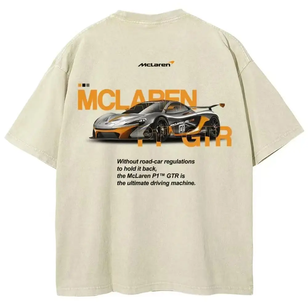 Vintage Washed Beige McLaren P1 GTR Graphic T-Shirt, Supercar Back Print Racing Tee, Retro Distressed Automotive Streetwear Men Casual Short Sleeve Shirt