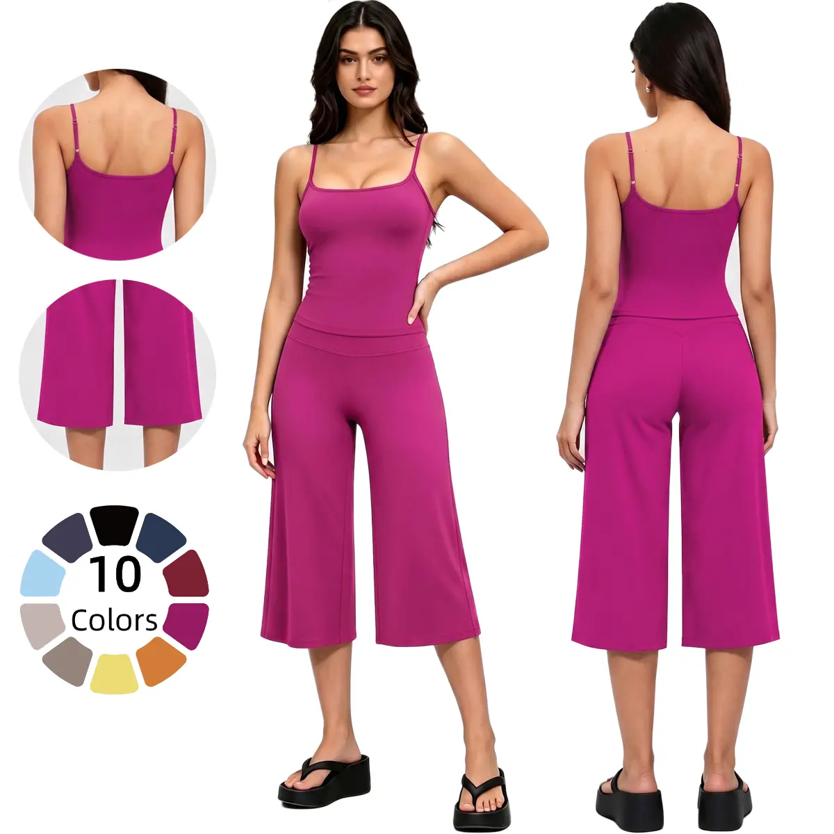 Two Piece Womens Workout Set Spaghetti Straps Crop Top Matching Wide Leg Capri Pants Gym Pilates Outfits