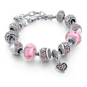 Pink Hearts Silver Plated Charm Bracelet Set, Jewelry Gifts with Beads, Charms, and Adjustable Snake Chain, Fits 7.5"+1.5" unique bracelets