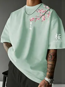 Men's Japanese Cherry Blossom Print T-Shirt, Summer Fashion Casual Streetwear Street Style Short Sleeve, Fitted Long Clothing