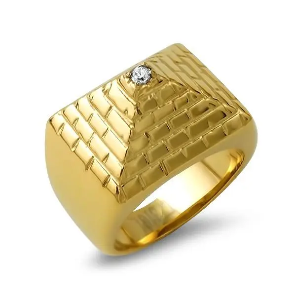 Unisex Gold-Tone Stainless Steel Pyramid Ring - Cubic Zirconia Center, Alternative Style Gem-Integrated Artificial Gemstone Zirconia Gold and Stone Ring for Casual Wear Costume Jewelry, Artificial Gemstone Ring, Gem-Integrated Rings
