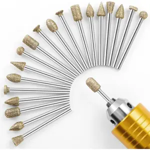 Diamond Grinding Burr Bit Set 20Pcs Rotary Tool Accessories Stone Carving Set with 1/8 inch Shank for Stone Ceramic Glass Carving Grinding Polishing Engraving Sanding