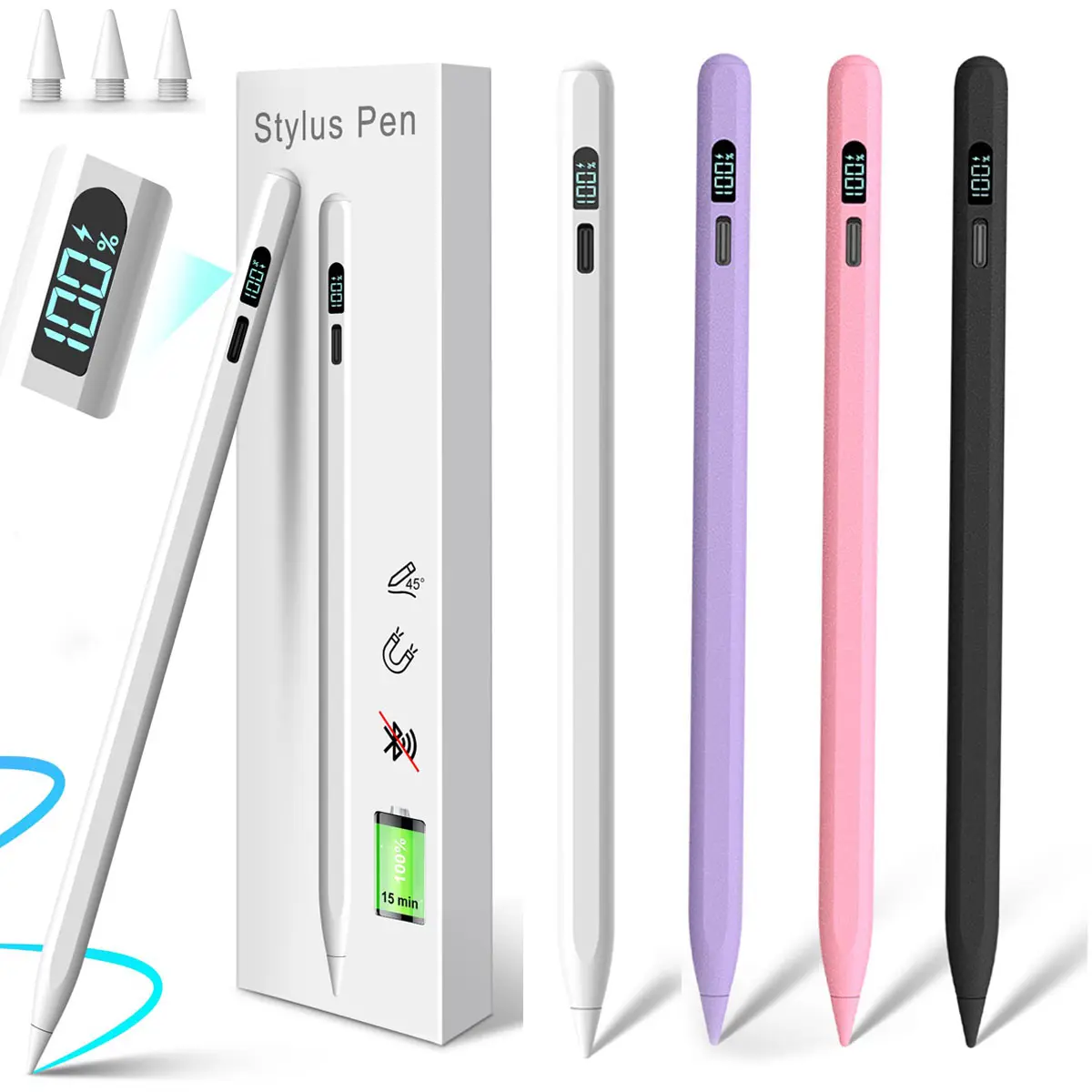 Elecomo Stylus Pen - LED Power Display, Fast Charging Tablet Accessories, Touch Screen Pen with Palm Rejection, Tilt Function for iPad 10/9/8/7/6th, Pro 12.9"/11"/M4, Air 5/4/3/M2, Mini 6/5