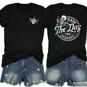 Aesthetic 'Have The Day You Deserve' Skeleton T-Shirt | Premium 100% Cotton Heavyweight Tee | Viral Kindness Graphic Apparel | Retro Vintage Style Summer Top | Soft Breathable Casual Inspirational Gift