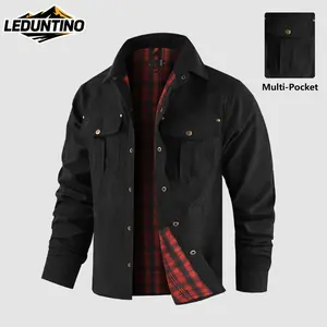 LEDUNTINO Men's Work Jacket - Stylish Casual Style Outerwear, Long-Sleeve Solid Color Coat with Sporty Design, Check Detailing, Collar, Button Closure, Flap Pockets, Multi-Functional Classic Menswear Top