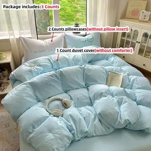 3pcs Embroidered Bow Bedding Set, Includes 1 Solid Color Duvet Cover and 2 Embroidered Bow Pillowcases (Core Not Included) Duvet Cover with Zipper for Easy Cleaning, Suitable for All Seasons Duvet Cover Sets Bed Sets Supplies