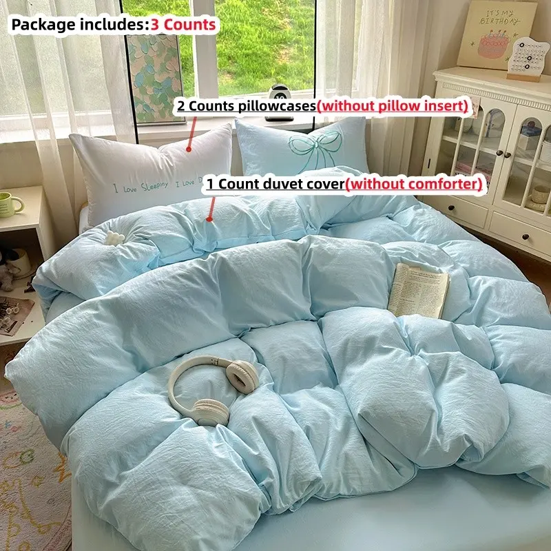 3pcs Embroidered Bow Bedding Set, Includes 1 Solid Color Duvet Cover and 2 Embroidered Bow Pillowcases (Core Not Included) Duvet Cover with Zipper for Easy Cleaning, Suitable for All Seasons Duvet Cover Sets Bed Sets Supplies