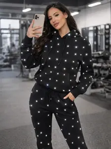 Rhinestone Hoodie and Sweatpants Set Bling Tracksuit Sparkle Crystal Jogger Outfit for Women Festival Concert Streetwear