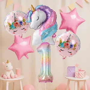New Rainbow Unicorn Balloon Bunch Happy 1st Girls Birthday Party Decorations Kids Favors Gifts Balloons Unicorn Baby Shower Supplies Gifts