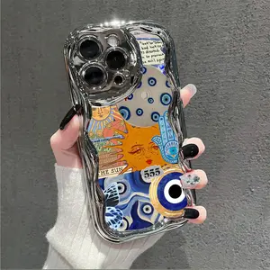 Evil Eye Symbol and Mystic Image Collage Paint Plating Creamy Soft Protective Case for iPhone 17 16 15 14 13 12 11 Pro Promax 16 15 14 Plus Cute Stylish Thick Shockproof Phone Case