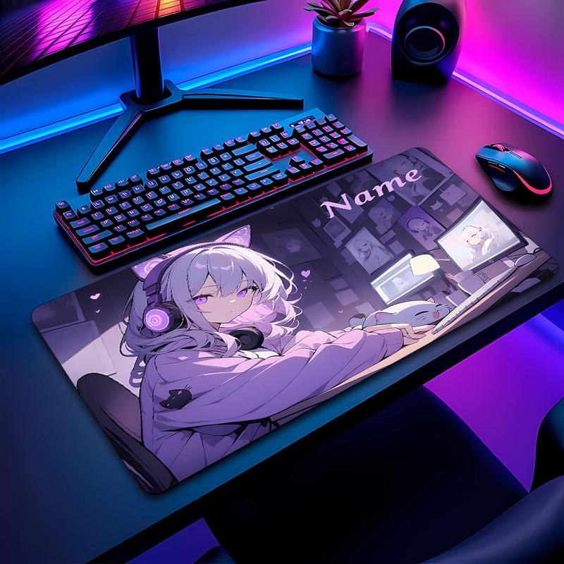 Anime Girl Gaming Desk Mat & Mouse Pad - Custom Name Personalized Non-Slip Rubber Base, Large Keyboard & Mouse Surface with Japanese Anime Characters, Home Office & PC Gaming Accessories, Ideal Gift for Gamers