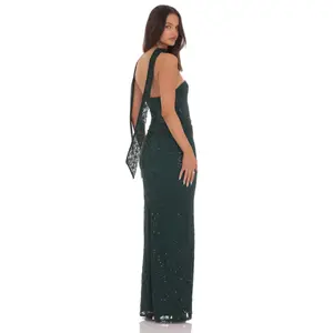 Lucy in the Sky Sequin Scarf Lace Maxi Dress in Green