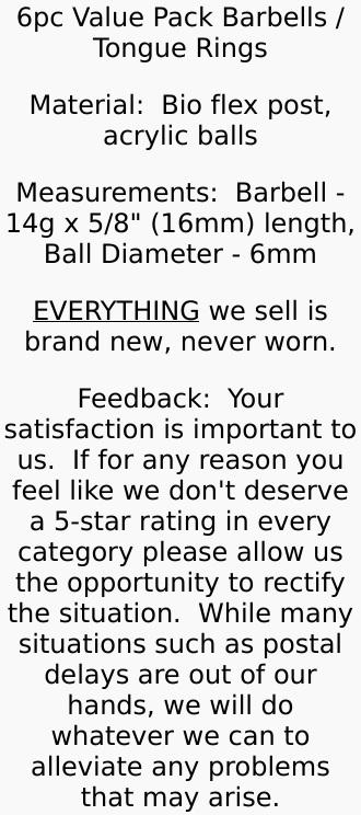 6pc Bulk Pack Super Glitter Balls Tongue Rings 14g Tounge Body Jewelry No Metal