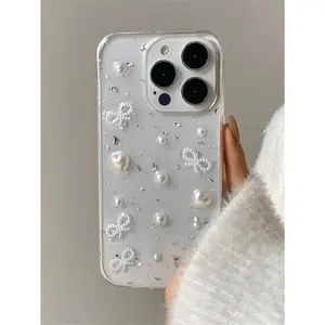 Coquette Phone Case Luxury 3D Pearl Bow Silver Foil Phone Case Compatible With Iphone 16 15 14 13 12 11 Pro Max MiNi XR X XS Max 7 8 Plus Glitter Epoxy Cute Clear Soft Silicone Cover