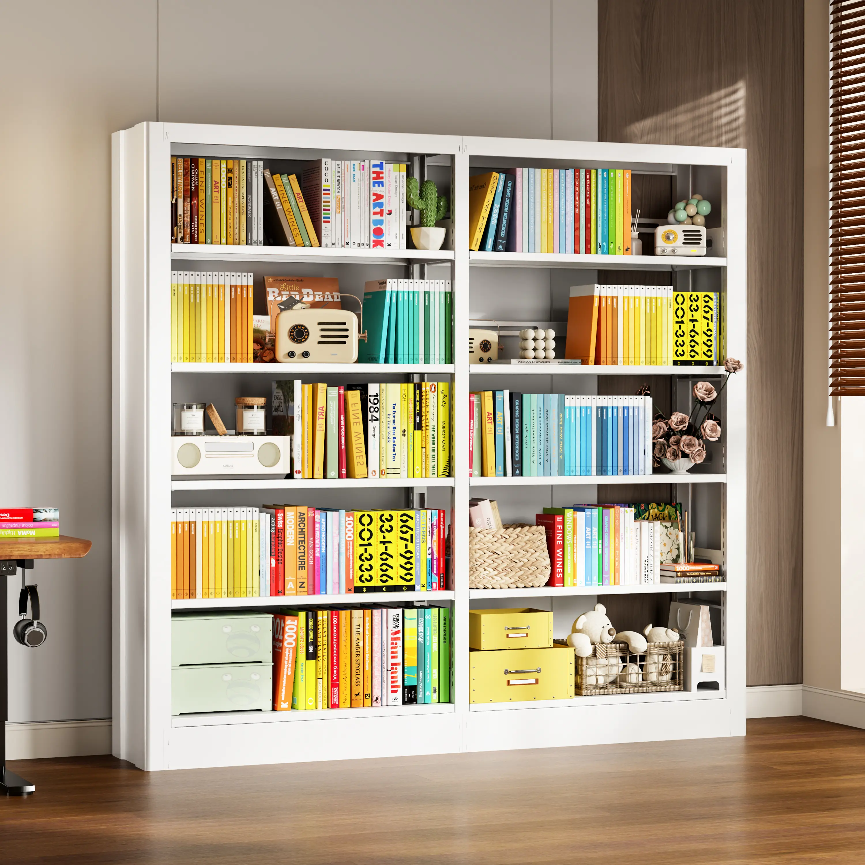 Expandable 5 Tier Metal Bookshelf with Extension Unit, 70.9" Tall Heavy Duty Industrial Bookcase, Modular Wide Storage Shelves, Adjustable Combination Display Rack for Living Room, Bedroom, Home Office, Library