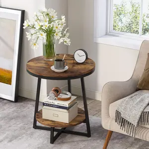 TRIBEWOOD End Table, 2 Tier Round Side Table with Storage Shelf, Industrial Nightstand Bedside Table Coffee Accent Table for Living Room Bedroom Small Space