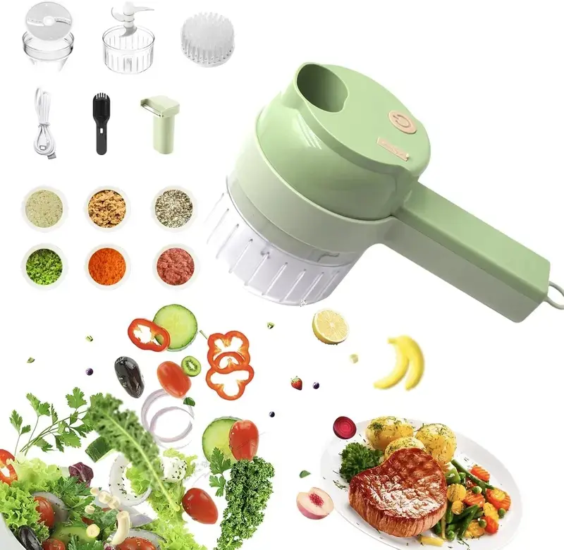 4-in-1 Electric Food Chopper Set, Multi-Functional Handheld Processor with Cleaning Brush, Wireless Vegetable Slicer & Meat Grinder for Garlic, Salad Prep, Kitchen Gadgets