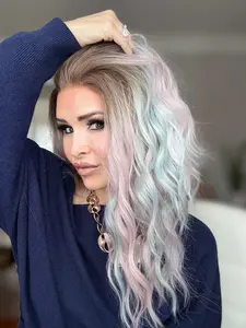 MACA BAKA Stella Pink Light Blue Ombre Highlight Water Wave Lace Front Wigs with Scandinavian Hairline 16 Inches Medium Length Low Density Pink Cyan Loose Curly HD Synthetic Lace Front Wigs for Women Pre Plucked