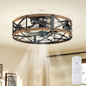 Ceiling Fans，Farmhouse Flush Mount Caged Ceiling Fans with Lights, 6 Speeds, Rustic Low Profile Ceiling Fan with Light and Remote, Small Bladeless Ceiling Fans with Lights for Kitchen, Bedroom