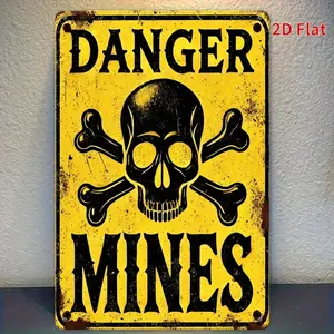2D Flat Aluminum Decorative Sign Plague Warning Theme Danger Mines Metal Sign Printing Suitable Office Garage Construction Site Outdoor Adventure Area Decoration for Warning Signs Adventure Enthusiasts 1pc 12x8inch