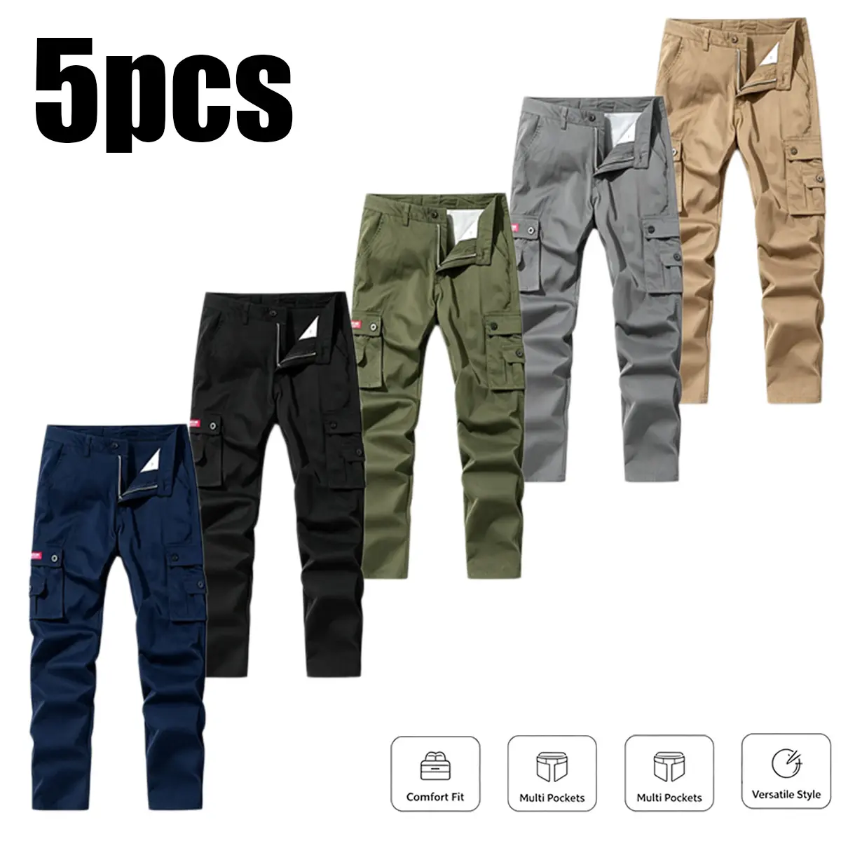 SH 5 Pack Mens Cargo Pants Casual Work Pants Relaxed Fit Tactical Utility Pants Multi Pocket Outdoor Hiking Pants Lightweight Durable Straight Leg Cargo Trousers for Work Travel Camping Hunting Fishing Everyday Wear Comfortable Breathable Multiple Colors