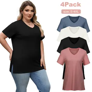 VILIGO Casual V-Neck Plain Tees – Set of 4, Assorted Colors, Flat Hem Soft and Comfortable Womenswear womens basic shirts Summer Top Minimalist Shortsleeve Plus Size Outfits Tshirt Vneck Streetwear