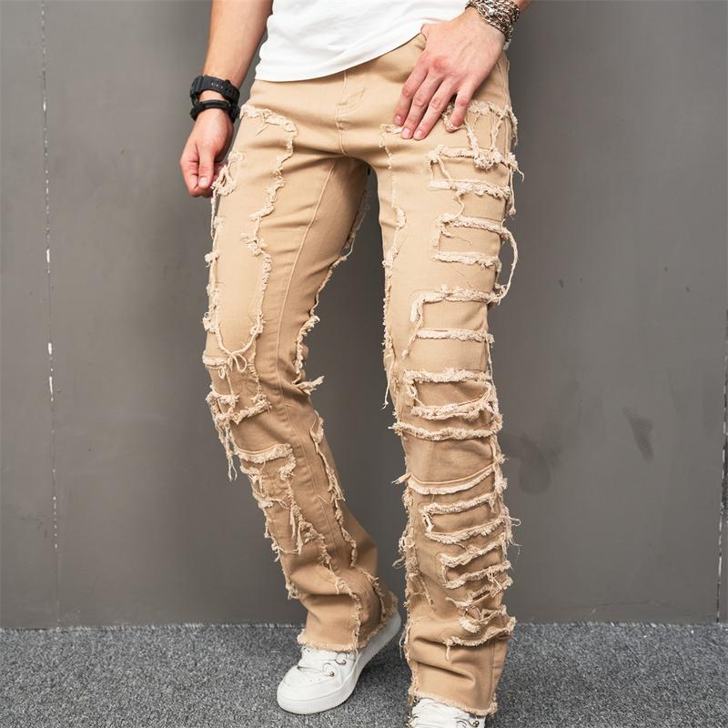 Men Stylish Vintage Khaki Stacked Spliced Slim Flared Jeans Pants Streetwear Hiphop Male Straight Biker Denim Trousers