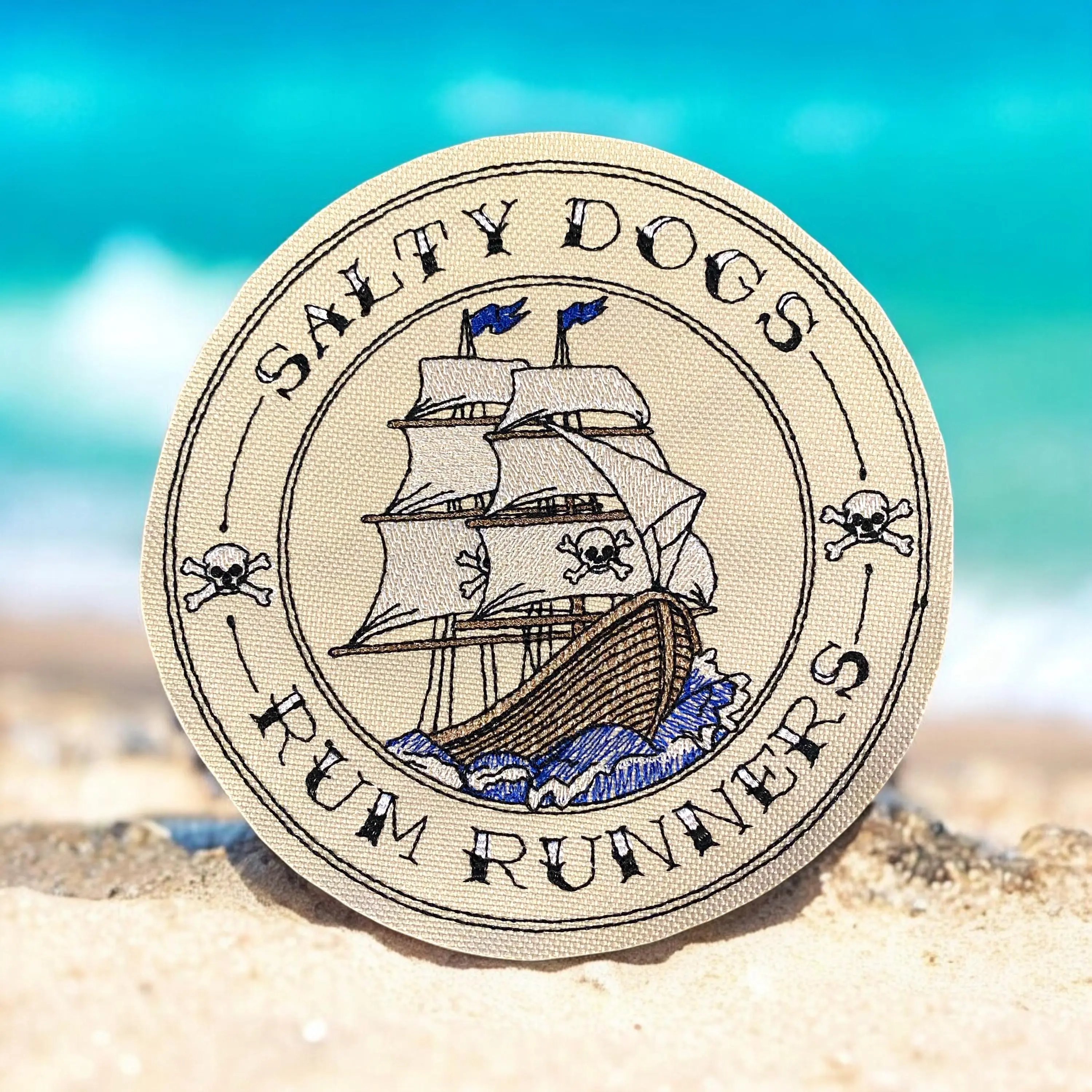 Salty Dogs Rum Runners Patch - Pirate Ship Embroidered Patch - Nautical Iron On Sew On Patch for Jackets Vests Bags - Multiple Sizes Available