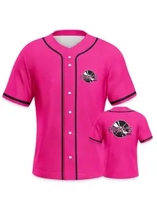 Next Friday Pinky's Men's Pink Vinyl Record-Print Baseball Jersey. 90s-style men's hip-hop and sports-inspired jersey featuring a vinyl record badge print. Stylish and versatile, it's soft, comfortable, and breathable.The perfect gift for vinyl record fan