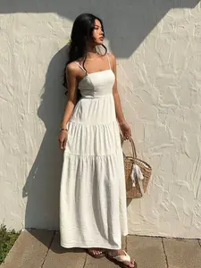 Sunnyshic Light Peach Textured Fabric Gathered Elastic Waist Sleeveless Loose Dress, Vacation Style