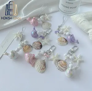 Cute Ocean Themed Keychain, Kawaii Dolphin & Shell Bag Charm with Starfish & Pearls, Aesthetic Beachy Key Ring for Women, Mini Coastal Pendant for Purse, Backpack & Keys