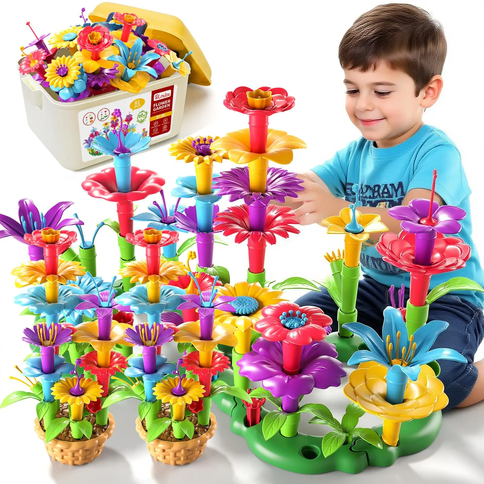 81-Pcs Unisex ABS Plastic Kids Building Toy Set - STEM Learning DIY Vibrant Colorful Floral Arrangement Kit with Storage Box, Boosts Fine Motor Skills, Ideal Birthday Gift for Ages 3+
