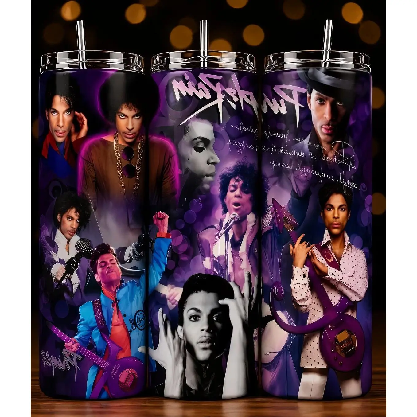 Prince 20oz Tumbler - Purple Design with Multiple Images of Prince, Ideal for Fans