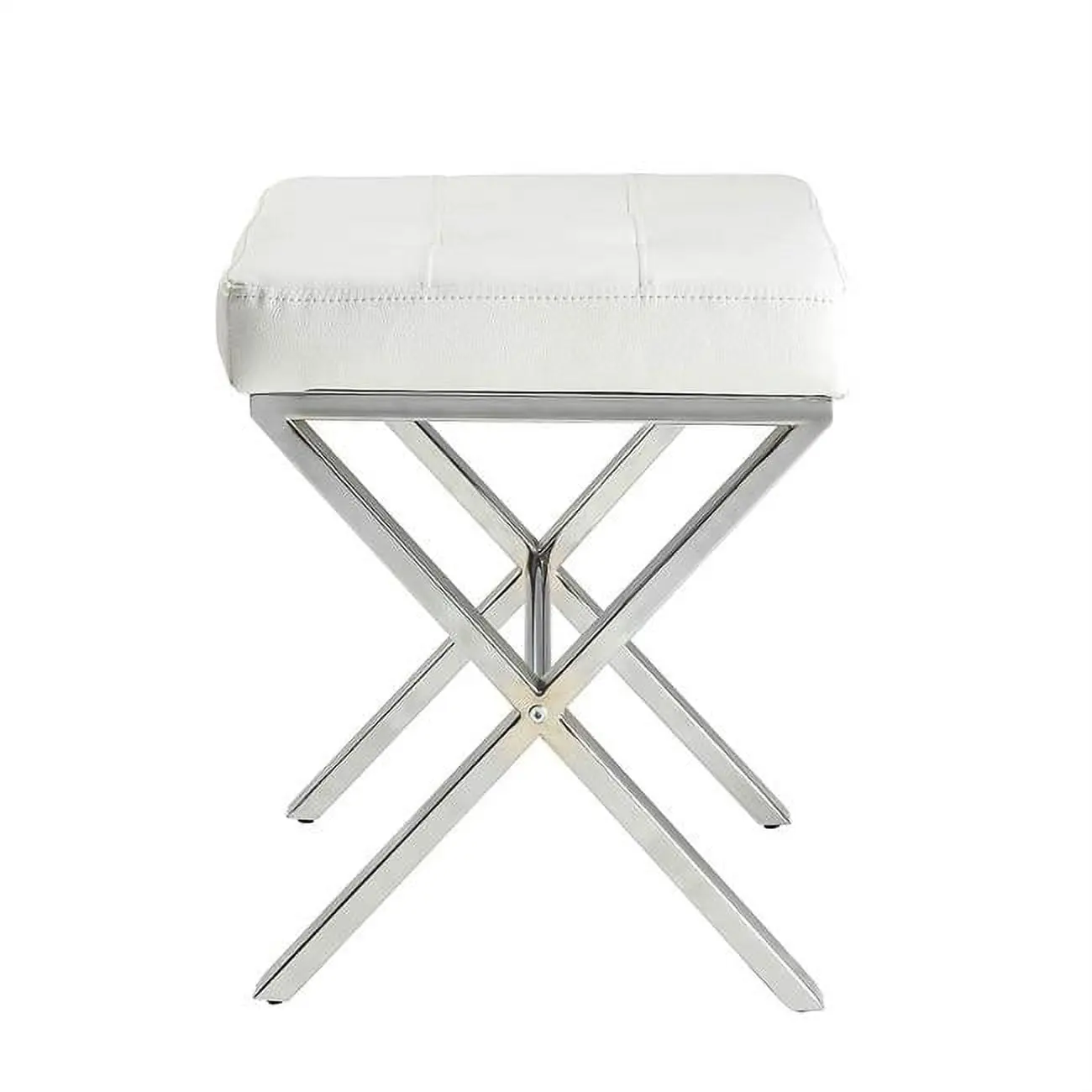 Elisabetta Modern Vanity Bench - White, Chrome Metal X-Base Legs, Faux Leather Tufted Seat Cushion, 20x16x19 in, 15 lbs - Ideal for Stylish Indoor Spaces (No Clutter for Our Modern Space)