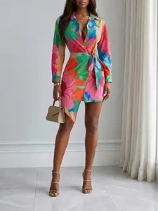 European and American Summer Fashion, Stylish Personality Floral Plant Print Tie-Up Casual Single Button Women's Shirt, Trendy Ladies Blouse