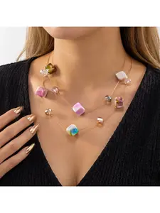 Minimalist Geometric White Aurora Square Necklace for Women Double Layer Locket Chain Elegant Modern Fashion Jewelry