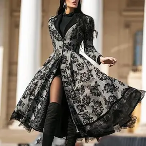 A large-sized retro long trench coat with lace patchwork for women in winter 2025