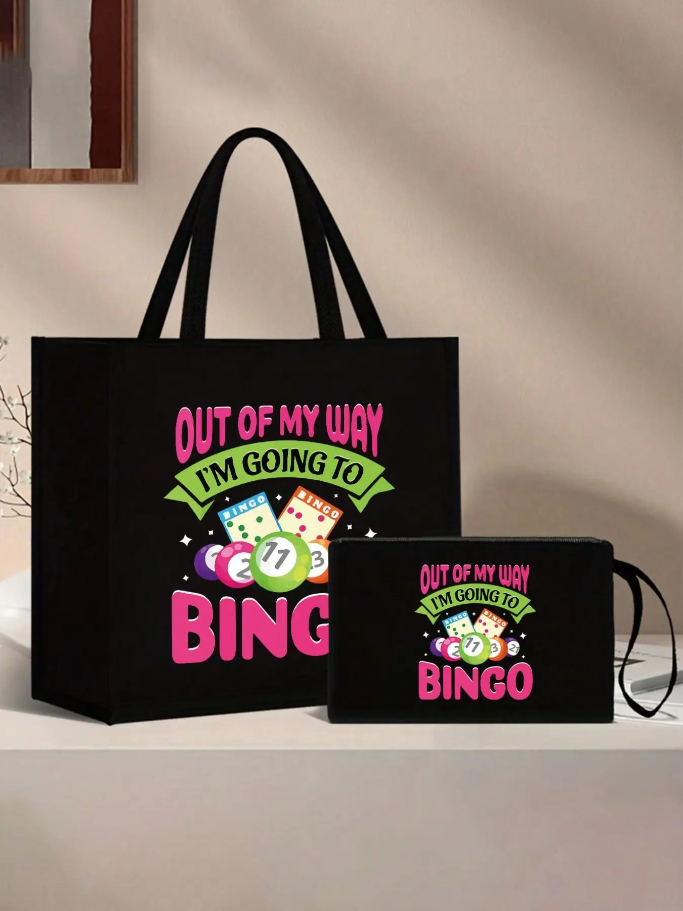 Billiards Lottery Theme Handbag Set, Bingo Women's Handbag and Wallet Set, Large Capacity, Fabric Structure, Casual Shoulder Bag