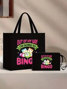 Billiards Lottery Theme Handbag Set, Bingo Women's Handbag and Wallet Set, Large Capacity, Fabric Structure, Casual Shoulder Bag