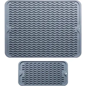 Dish Drying Mat - 2 Packs of Non-Slip  Mat Easy Clean Drying Mat Large Heat-Resistant Dish Drainer Mat for Kitchen Counter, Sink, Refrigerator or Drawer Liner(16"x12", 12''x 6'' GREY)