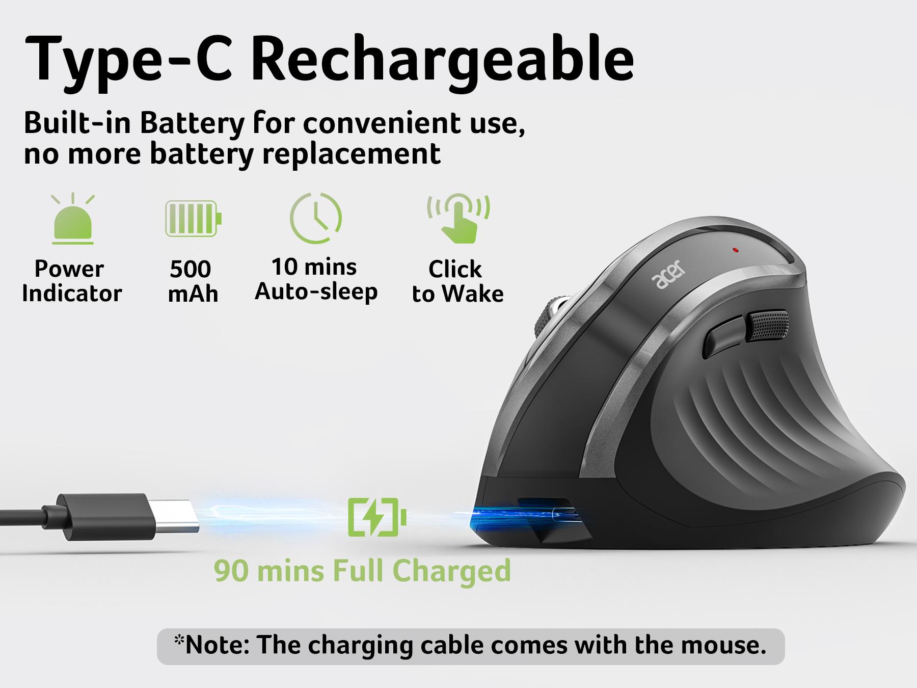 Acer Ergonomic Mouse Wireless, Vertical Computer Mouse for Office, Ergo Mice Rechargeable for Medium to Large Sized Hands, 2.4GHz USB Receiver, 800/1200/1600 DPI, 6 Buttons for Laptop, PC and Desktop