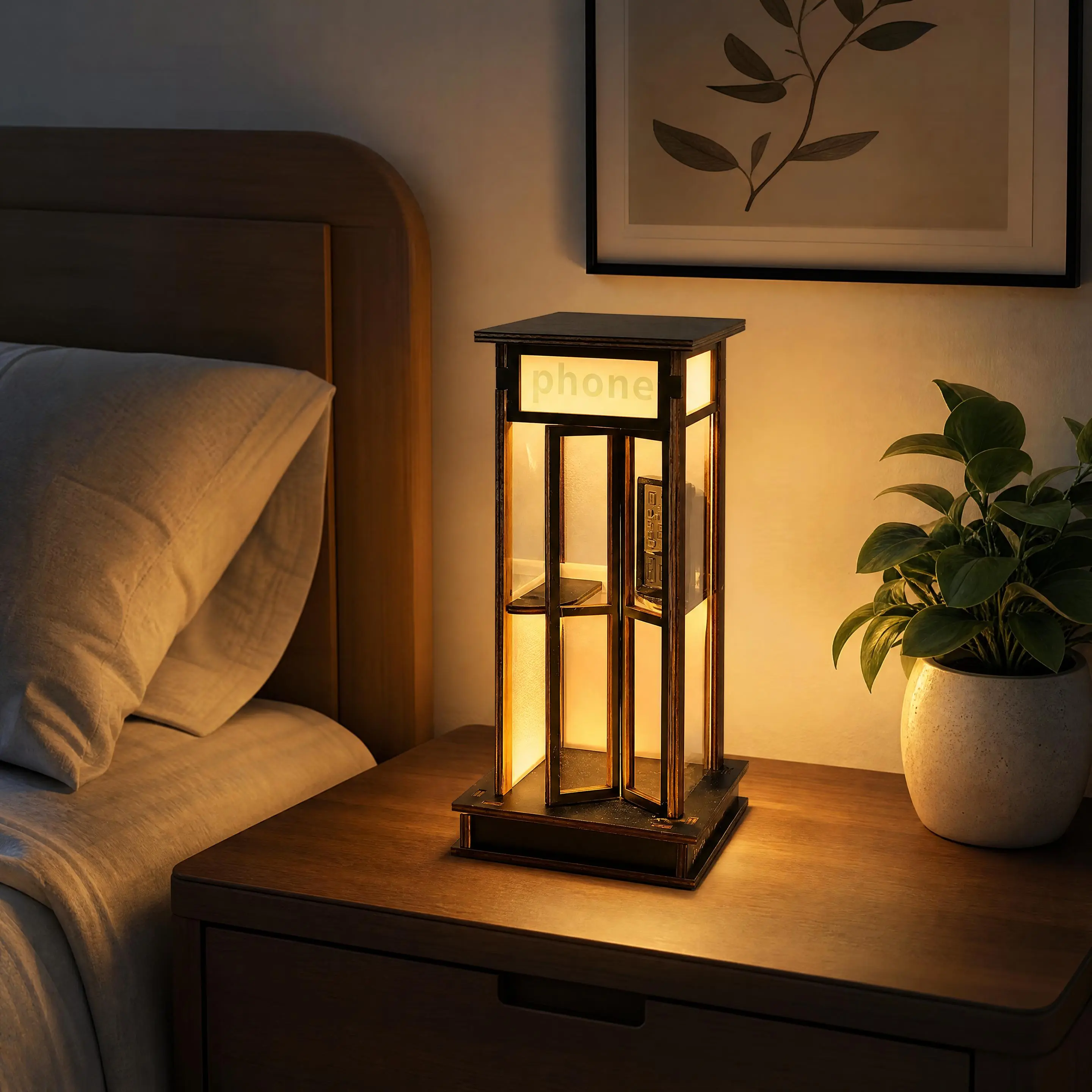 Retro British Phone Booth Wooden Table Lamp - Soft Glow Decorative Nightstand Light for Home, Office (Home Decor Statue)