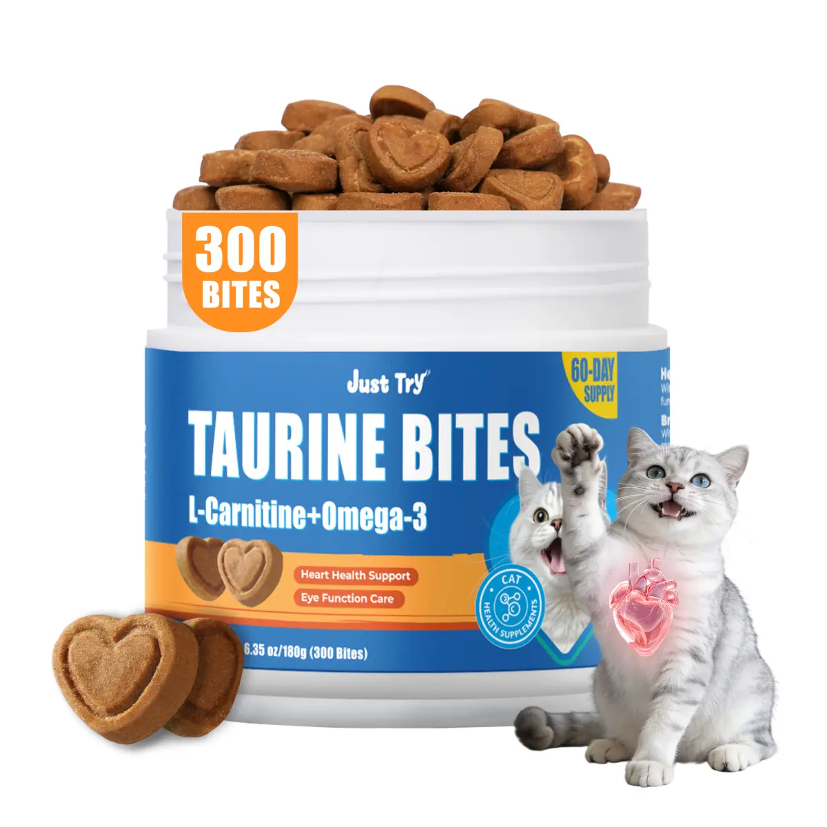 Just Try  Cat Taurine Bites - Taurine for Cats with L-Carnitine, Omega 3 and Vitamins - Supports Immune, Heart and Eyes Health Cat Supplements 300 Bites | Rich Taurine, L-Carnitine,Omega-3,Support Heart, Immune & Eye Health. Daily Supplement Chews