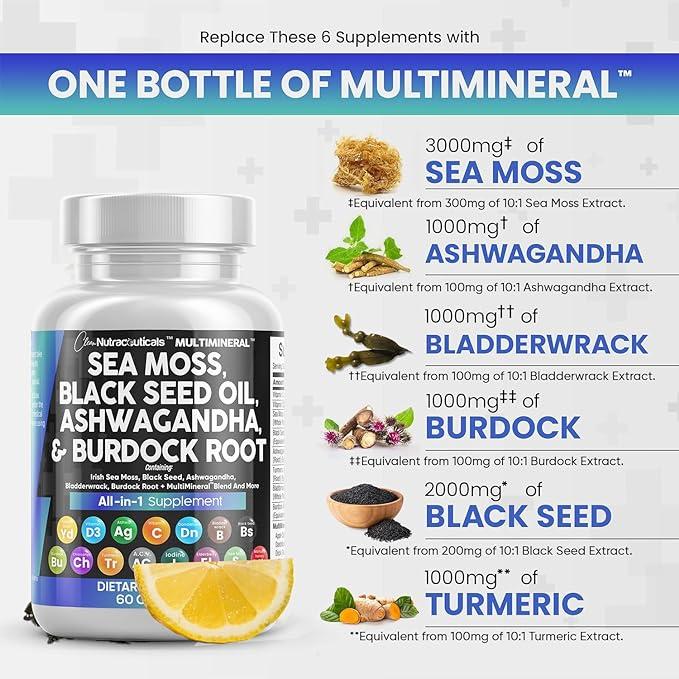 Sea Moss 3000mg Black Seed Oil 2000mg Ashwagandha 1000mg Turmeric 1000mg Bladderwrack 1000mg Burdock 1000mg & Vitamin C & D3 With Elderberry Manuka Dandelion Yellow Dock Iodine Chlorophyll ACV