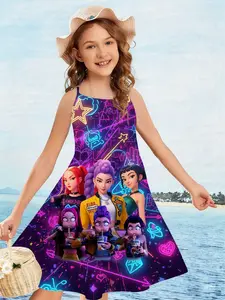 Girls' Kpop Summer Strapless Dress, Neon Graffiti Sleeveless Sundress, Graphic Print Dress, Rumi/mira/zoe Character 3D Creative Print, Casual Slim Fit