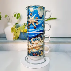 Yemayá espresso 4 mug set – Ocean Blessings ceramic coffee cups 6oz handmade spiritual drinkware by Ashekuba