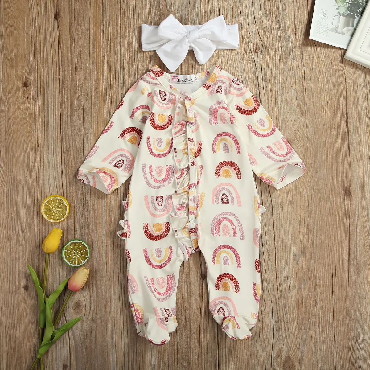 Girl’s Rainbow Printed Romper Set, Long Sleeve Ruffled Single Breasted Footies Garment with Headband for Spring and Autumn