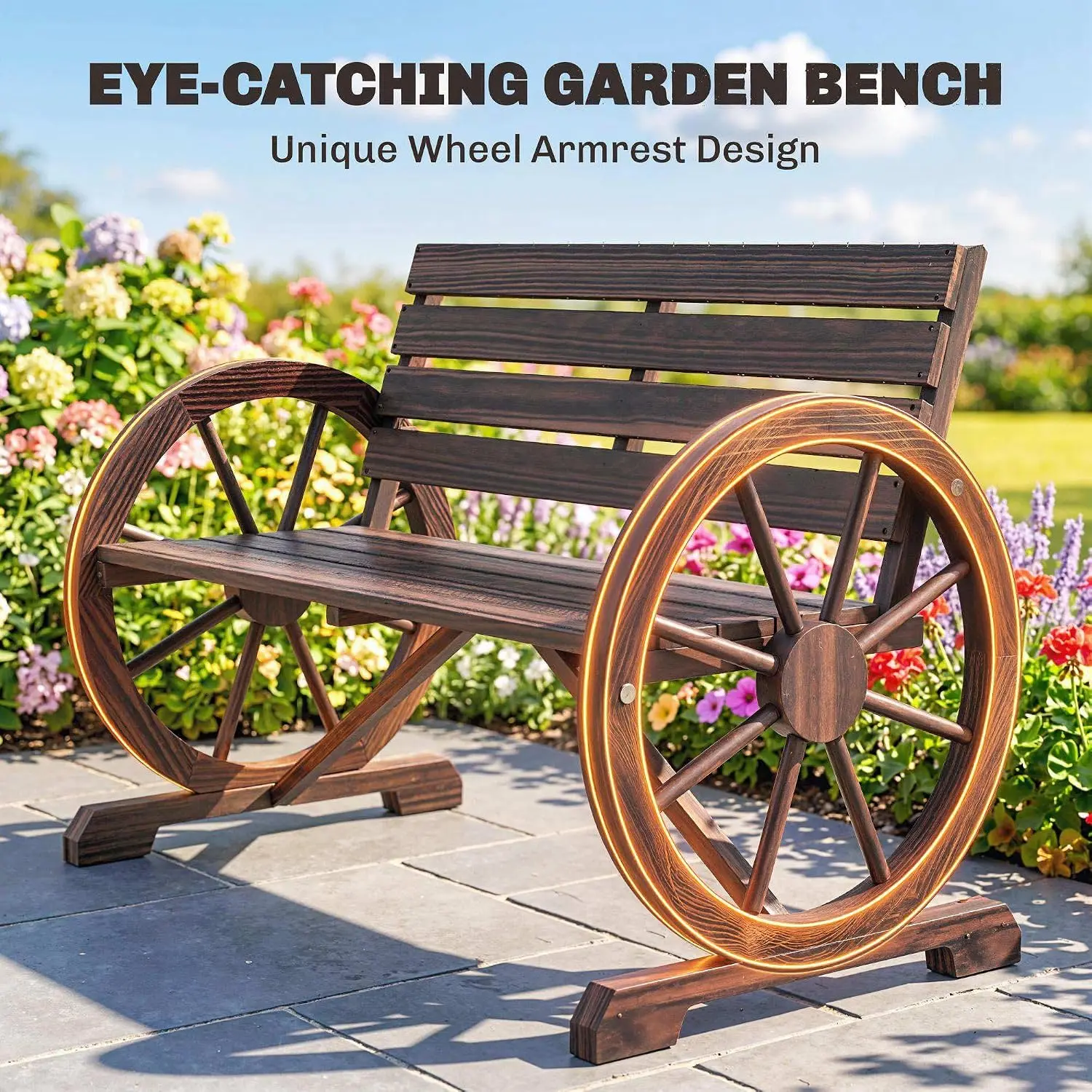 Greywick 41" Wagon Wheel Wood Bench, Solid Fir, Carbonized Finish, 550 lb Capacity, Slatted Seat + Backrest, 2-Person Rustic Garden Loveseat – Porch, Garden, Patio
